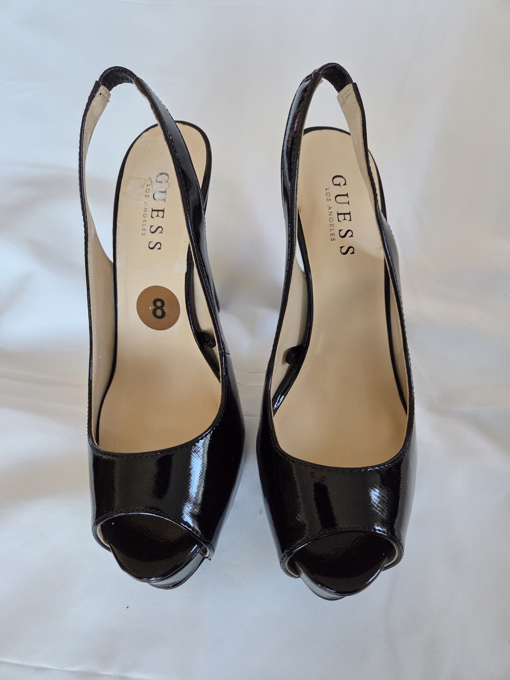 GUESS Black Patent Peep-Toe Slingback Heels Size 8